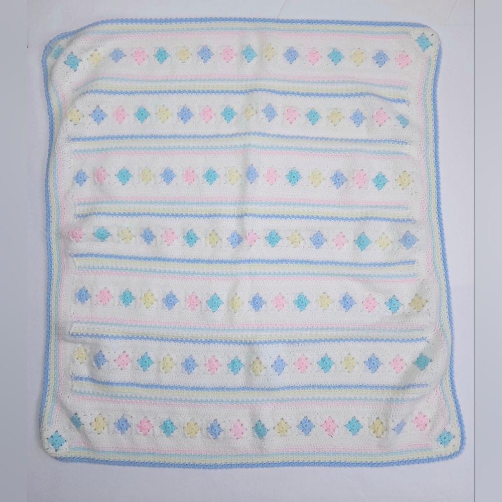 Handmade White And Pastel Pink Blue Yellow 30x33 Inch Crib Baby Blanket